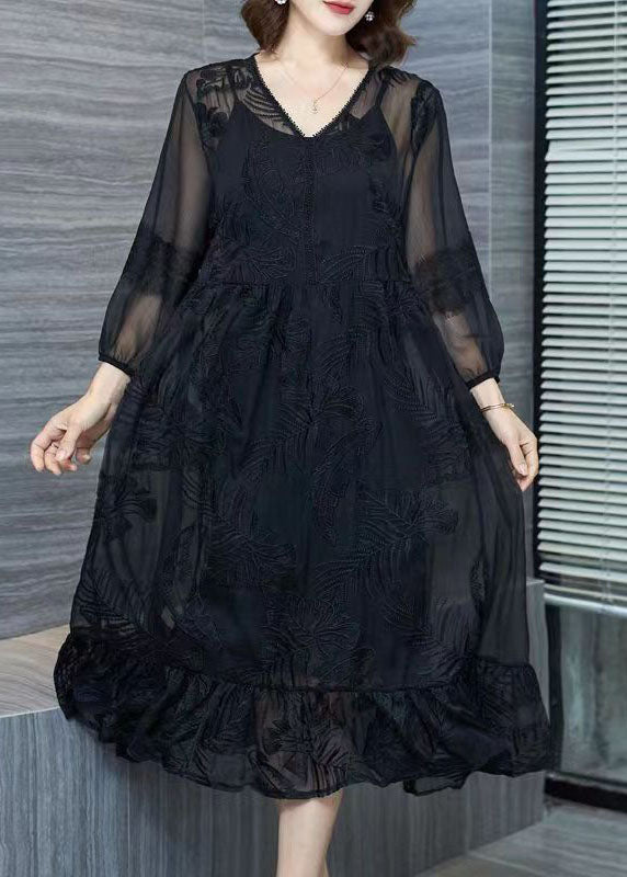 Organic Black V Neck Embroideried Patchwork Tulle Dresses Summer Ada Fashion