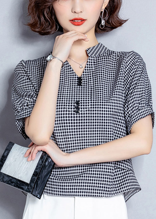 Organic Black V Neck Plaid Chiffon Shirt Lantern Sleeve LY0414 - fabuloryshop