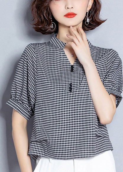 Organic Black V Neck Plaid Chiffon Shirt Lantern Sleeve LY0414 - fabuloryshop