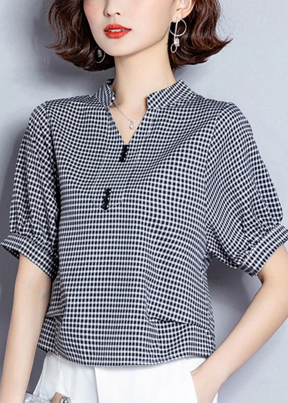 Organic Black V Neck Plaid Chiffon Shirt Lantern Sleeve LY0414 - fabuloryshop