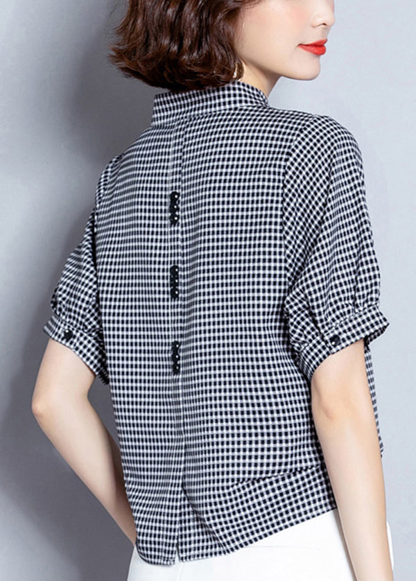 Organic Black V Neck Plaid Chiffon Shirt Lantern Sleeve LY0414 - fabuloryshop