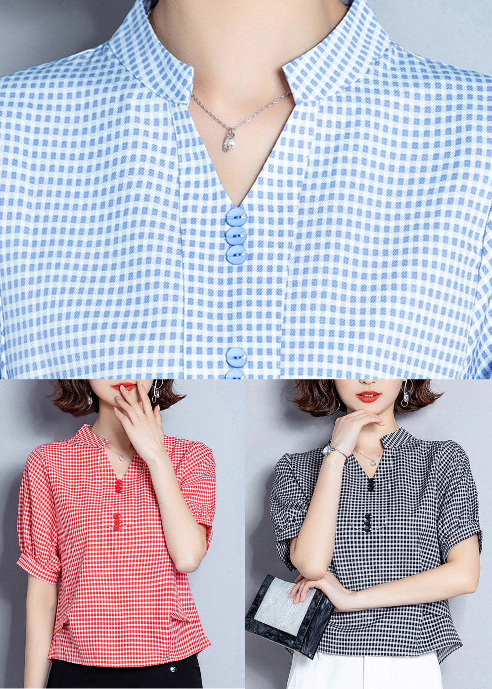 Organic Black V Neck Plaid Chiffon Shirt Lantern Sleeve LY0414 - fabuloryshop