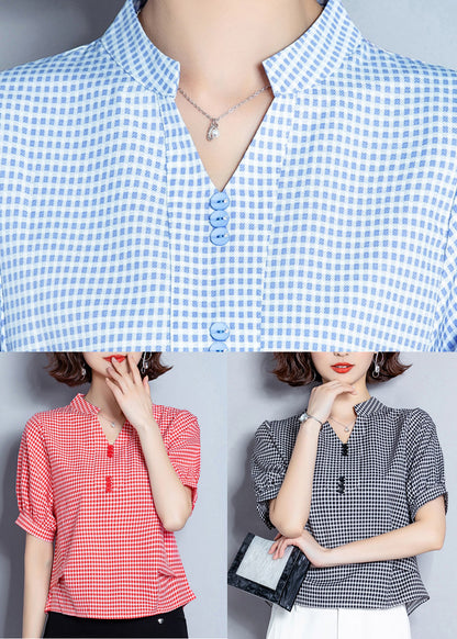 Organic Black V Neck Plaid Chiffon Shirt Lantern Sleeve LY0414 - fabuloryshop