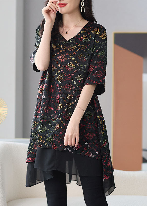 Organic Black V Neck Print Patchwork Chiffon Shirts Summer TF1019 - fabuloryshop