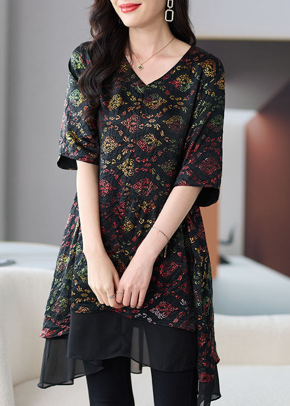 Organic Black V Neck Print Patchwork Chiffon Shirts Summer TF1019 - fabuloryshop