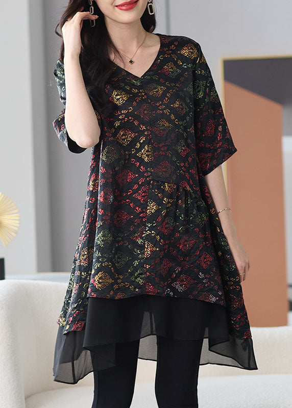 Organic Black V Neck Print Patchwork Chiffon Shirts Summer TF1019 - fabuloryshop