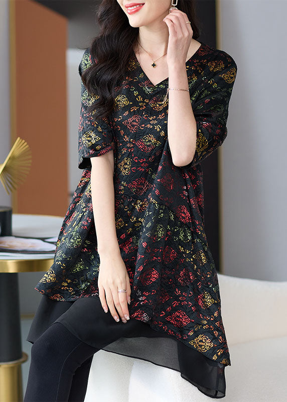 Organic Black V Neck Print Patchwork Chiffon Shirts Summer TF1019 - fabuloryshop