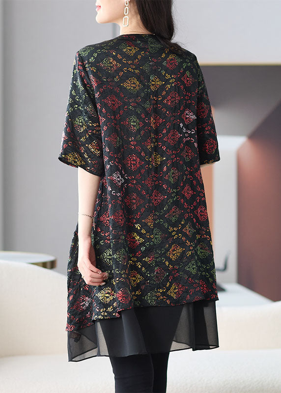 Organic Black V Neck Print Patchwork Chiffon Shirts Summer TF1019 - fabuloryshop