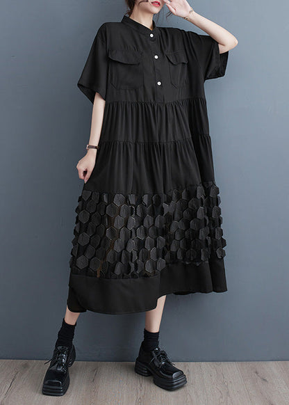 Organic Black Wrinkled Patchwork Solid Vacation Long Dresses Summer LY4916 - fabuloryshop