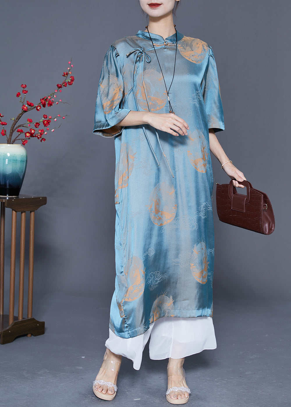 Organic Blue Mandarin Collar Print Lace Up Silk Long Dresses Summer LY5394 - fabuloryshop