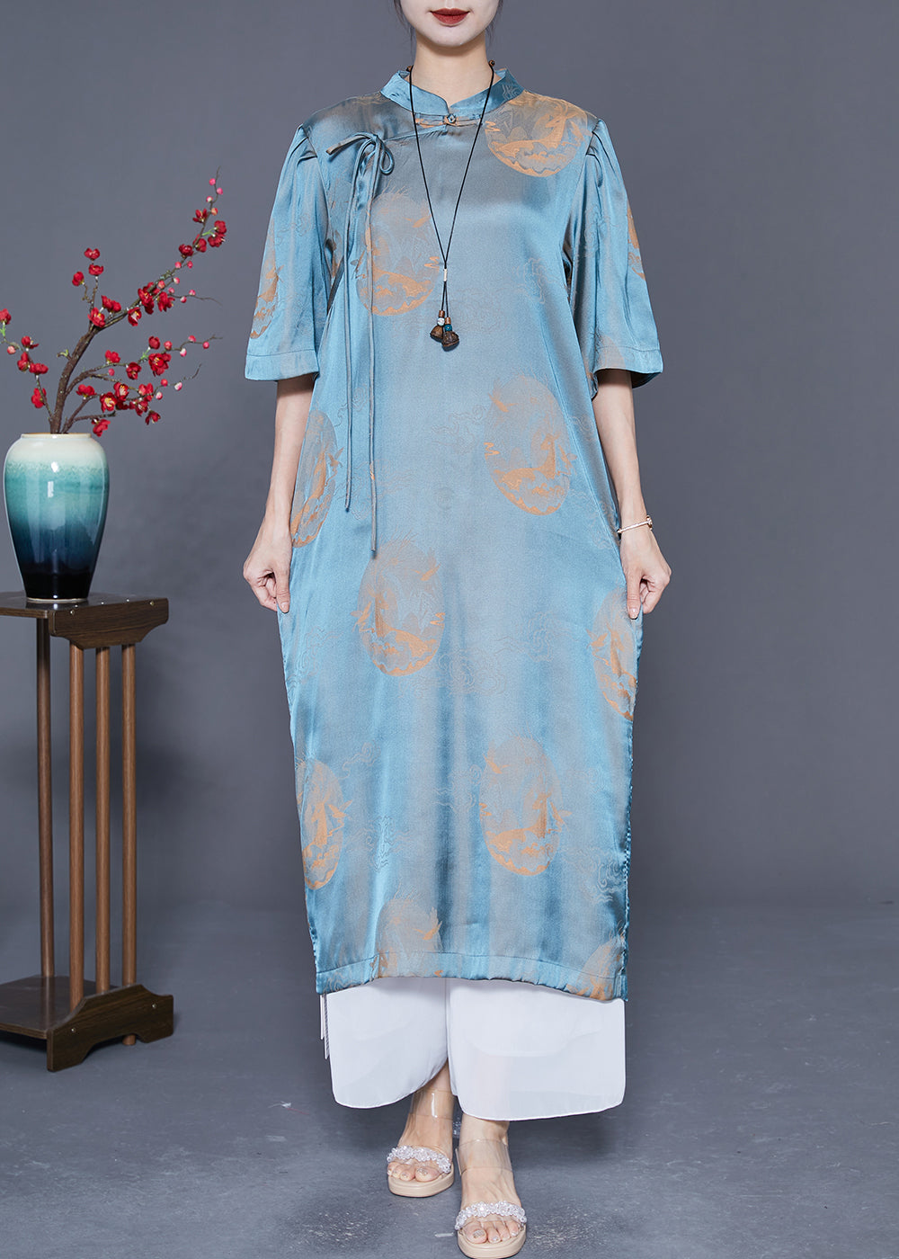 Organic Blue Mandarin Collar Print Lace Up Silk Long Dresses Summer LY5394 - fabuloryshop