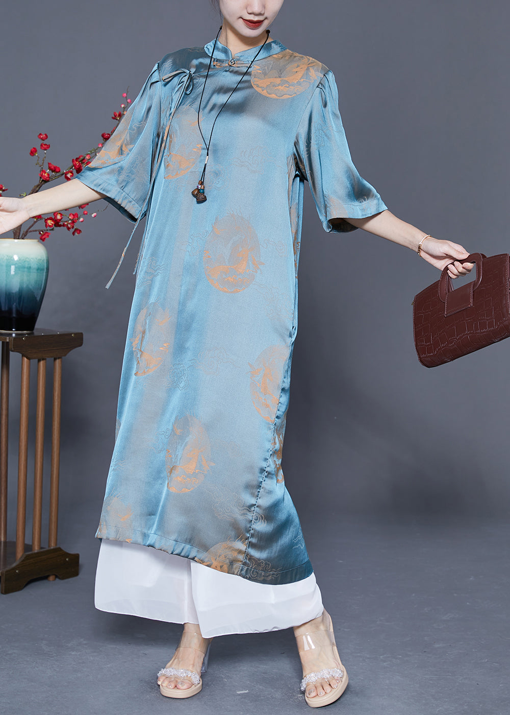 Organic Blue Mandarin Collar Print Lace Up Silk Long Dresses Summer LY5394 - fabuloryshop