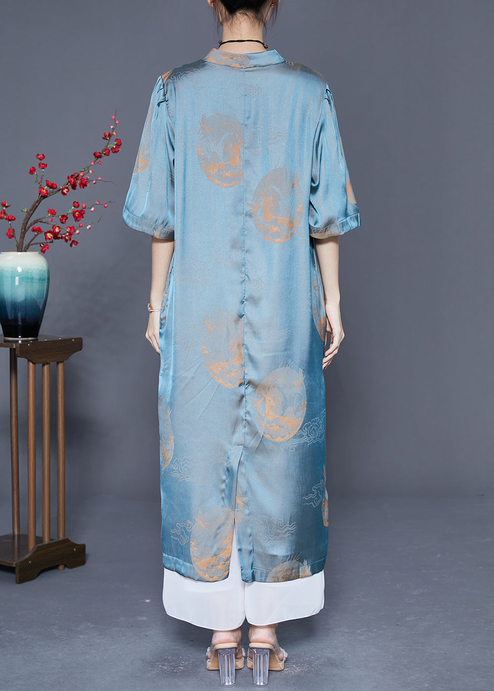 Organic Blue Mandarin Collar Print Lace Up Silk Long Dresses Summer LY5394 - fabuloryshop