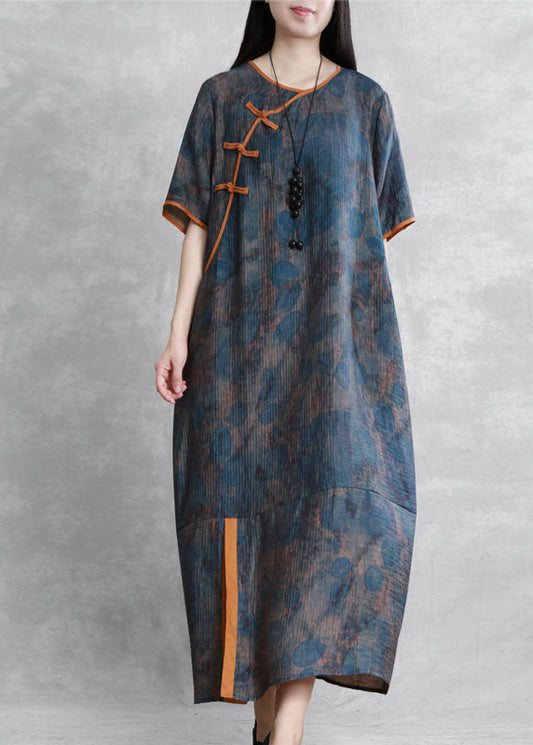 Organic Blue O Neck Print Chinese Button Patchwork Silk Dress Summer LY5164 - fabuloryshop