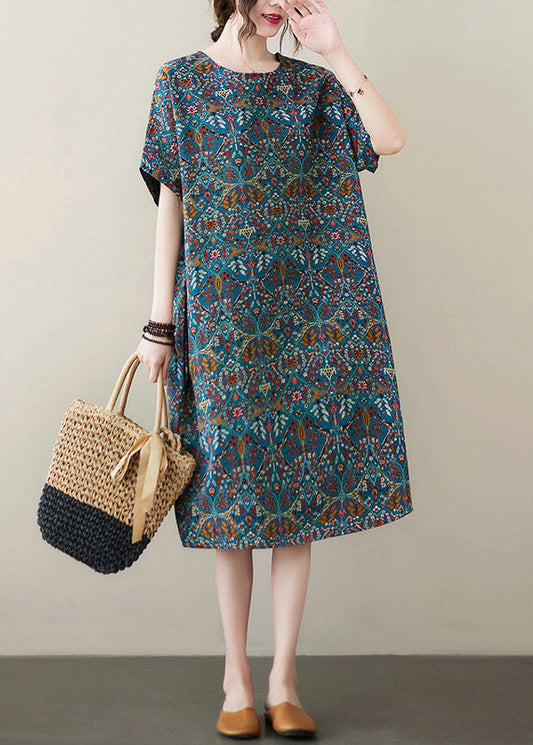 Organic Blue O-Neck Print Cotton Maxi Dresses Summer LY3051 - fabuloryshop