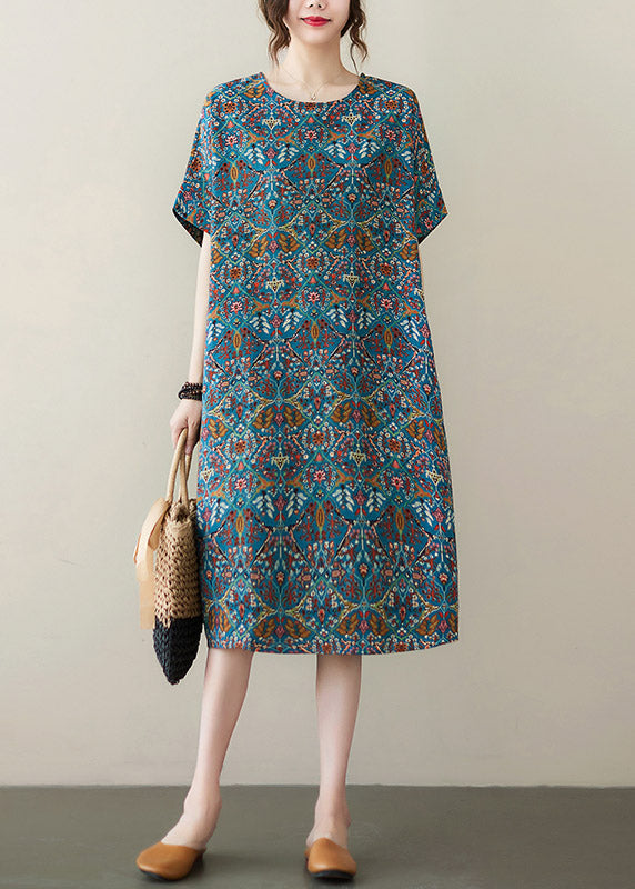 Organic Blue O-Neck Print Cotton Maxi Dresses Summer LY3051 - fabuloryshop