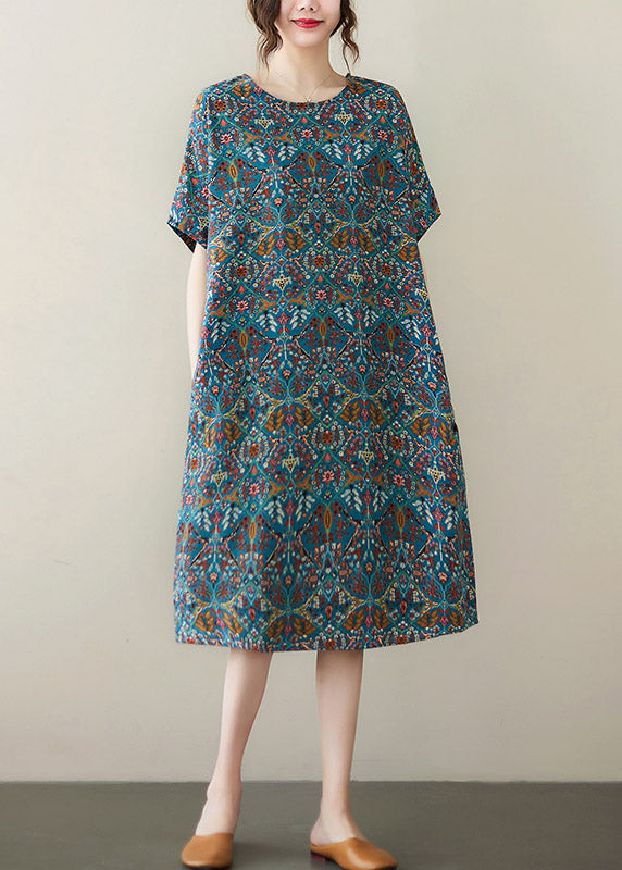 Organic Blue O-Neck Print Cotton Maxi Dresses Summer LY3051 - fabuloryshop