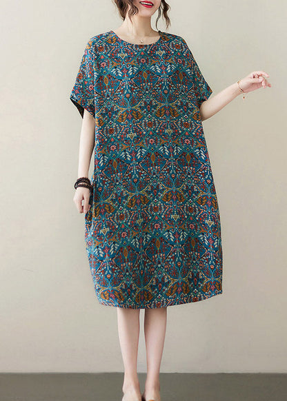 Organic Blue O-Neck Print Cotton Maxi Dresses Summer LY3051 - fabuloryshop