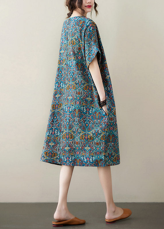 Organic Blue O-Neck Print Cotton Maxi Dresses Summer LY3051 - fabuloryshop