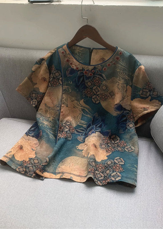 Organic Blue O Neck Print Patchwork Silk Top Summer LC0286 - fabuloryshop