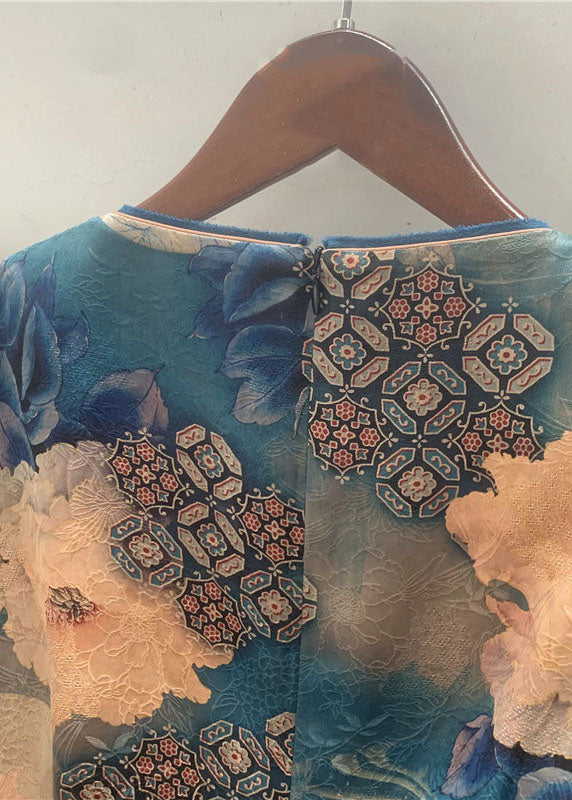 Organic Blue O Neck Print Patchwork Silk Top Summer LC0286 - fabuloryshop