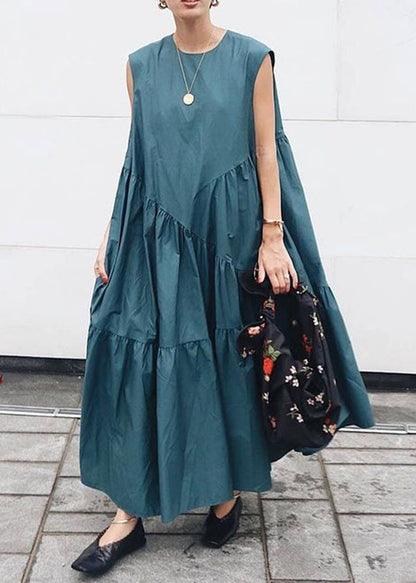 Organic Blue O Neck Wrinkled Patchwork Cotton Maxi Dresses Sleeveless LY2176 - fabuloryshop