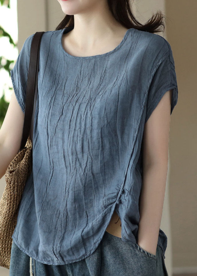 Organic Blue O Neck Wrinkled Patchwork Linen T Shirt Top Short Sleeve LY4022 - fabuloryshop