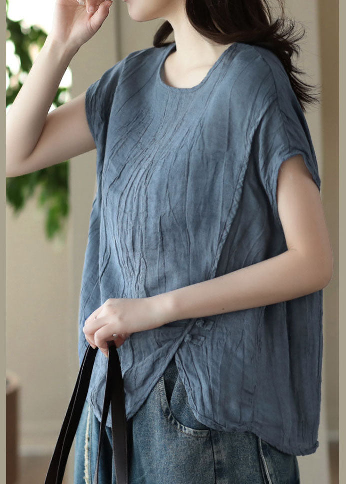 Organic Blue O Neck Wrinkled Patchwork Linen T Shirt Top Short Sleeve LY4022 - fabuloryshop