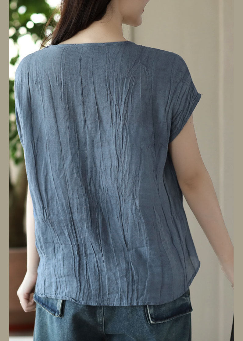 Organic Blue O Neck Wrinkled Patchwork Linen T Shirt Top Short Sleeve LY4022 - fabuloryshop