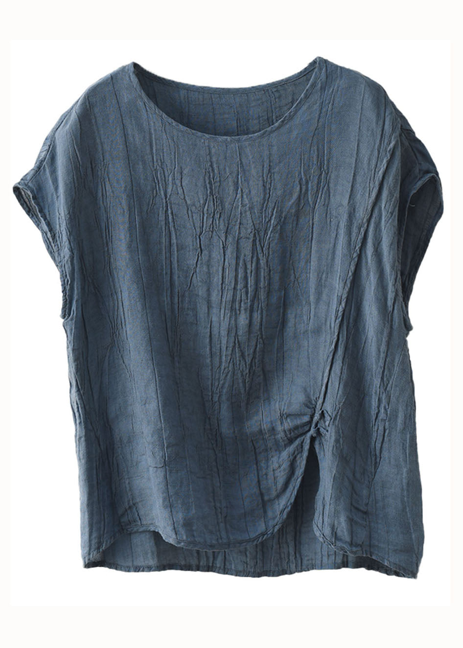 Organic Blue O Neck Wrinkled Patchwork Linen T Shirt Top Short Sleeve LY4022 - fabuloryshop