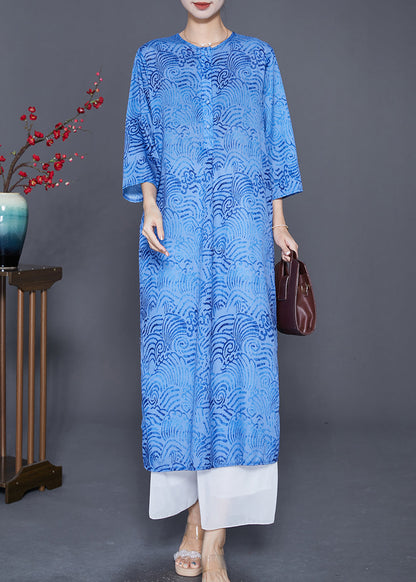 Organic Blue Oversized Print Linen Dress Bracelet Sleeve LY7624