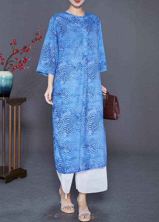 Organic Blue Oversized Print Linen Dress Bracelet Sleeve LY7624