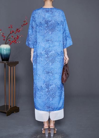 Organic Blue Oversized Print Linen Dress Bracelet Sleeve LY7624