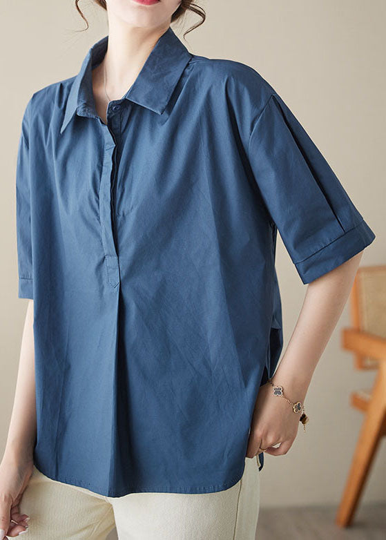 Organic Blue Peter Pan Collar Patchwork Cotton Shirts Top Summer LY3924 - fabuloryshop