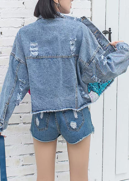 Organic Blue Peter Pan Collar Patchwork Sequins Button Denim Coats Fall LY6040 - fabuloryshop