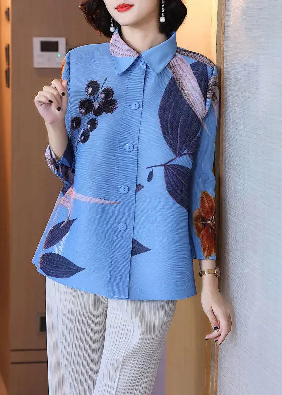 Organic Blue Peter Pan Collar Print Shirt Fall Ada Fashion