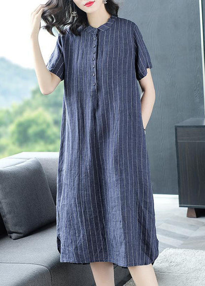 Organic Blue Striped Button Pockets Patchwork Cotton Dress Summer LY6703 - fabuloryshop