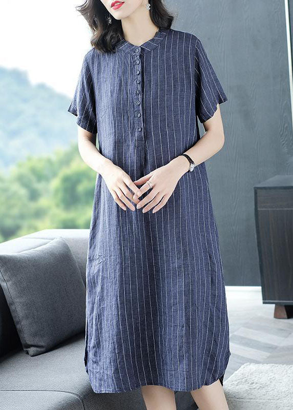 Organic Blue Striped Button Pockets Patchwork Cotton Dress Summer LY6703 - fabuloryshop