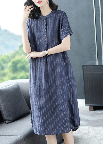 Organic Blue Striped Button Pockets Patchwork Cotton Dress Summer LY6703 - fabuloryshop