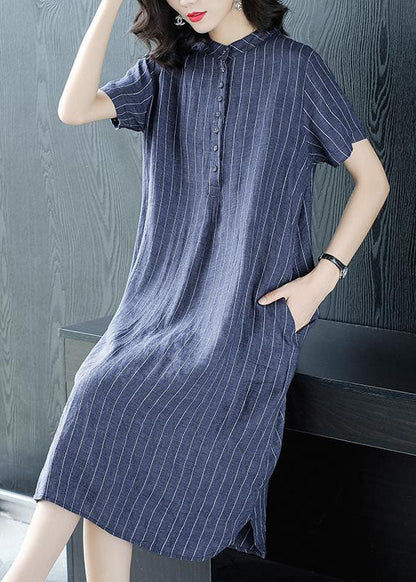 Organic Blue Striped Button Pockets Patchwork Cotton Dress Summer LY6703 - fabuloryshop