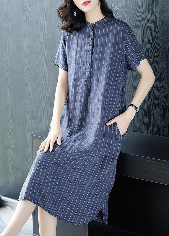 Organic Blue Striped Button Pockets Patchwork Cotton Dress Summer LY6703 - fabuloryshop