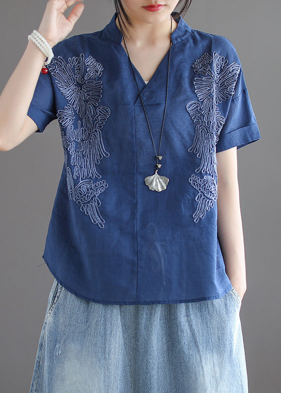 Organic Blue V Neck Embroideried Low High Design Solid Shirts Summer LY6927 - fabuloryshop