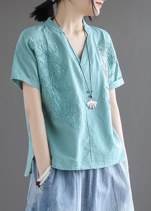 Organic Blue V Neck Embroideried Low High Design Solid Shirts Summer LY6927 - fabuloryshop