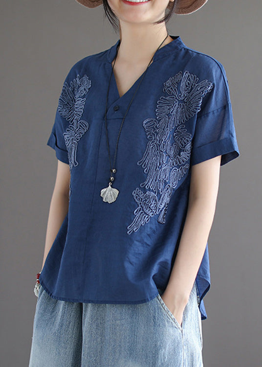 Organic Blue V Neck Embroideried Low High Design Solid Shirts Summer LY6927 - fabuloryshop