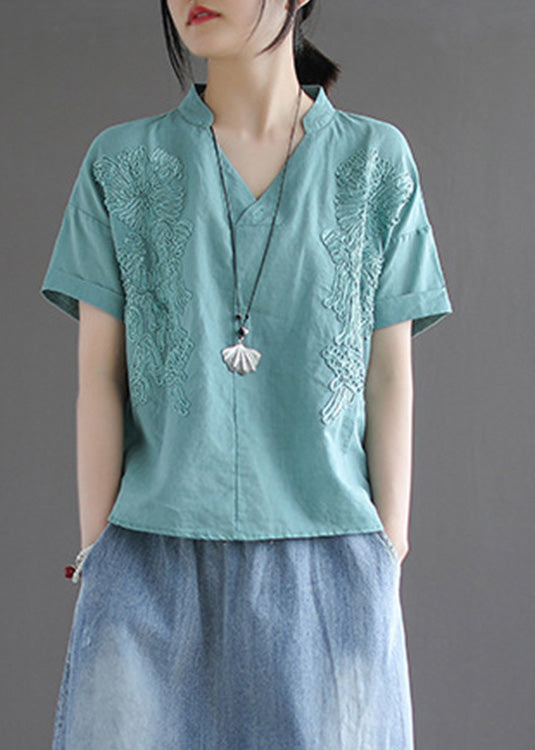 Organic Blue V Neck Embroideried Low High Design Solid Shirts Summer LY6927 - fabuloryshop