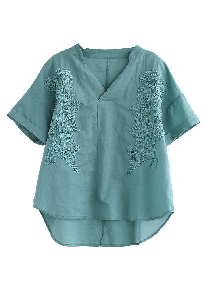 Organic Blue V Neck Embroideried Low High Design Solid Shirts Summer LY6927 - fabuloryshop