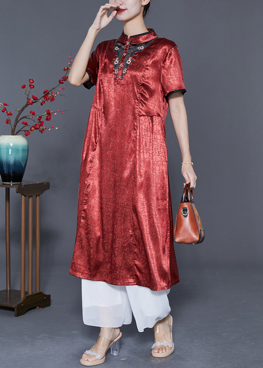 Organic Brick Red Mandarin Collar Embroideried Silk Vacation Dresses Summer LY5556 - fabuloryshop