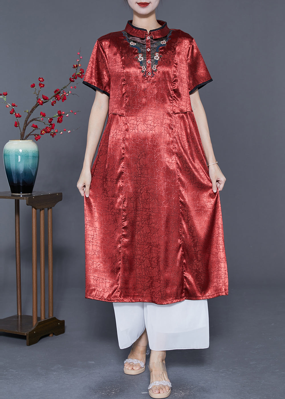 Organic Brick Red Mandarin Collar Embroideried Silk Vacation Dresses Summer LY5556 - fabuloryshop