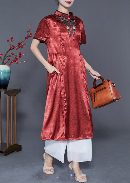 Organic Brick Red Mandarin Collar Embroideried Silk Vacation Dresses Summer LY5556 - fabuloryshop