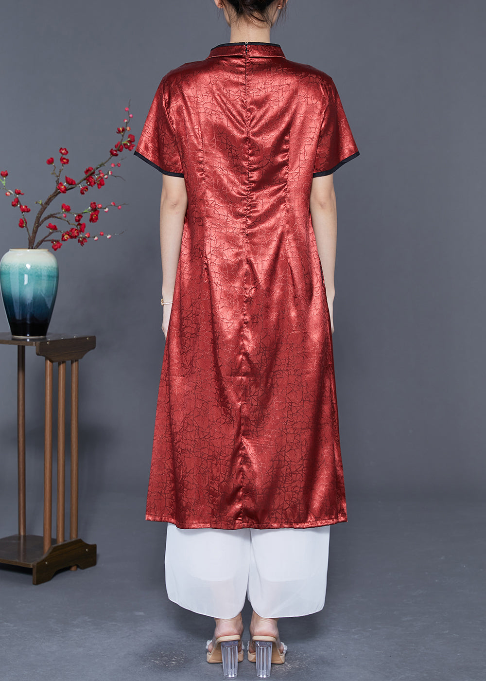 Organic Brick Red Mandarin Collar Embroideried Silk Vacation Dresses Summer LY5556 - fabuloryshop